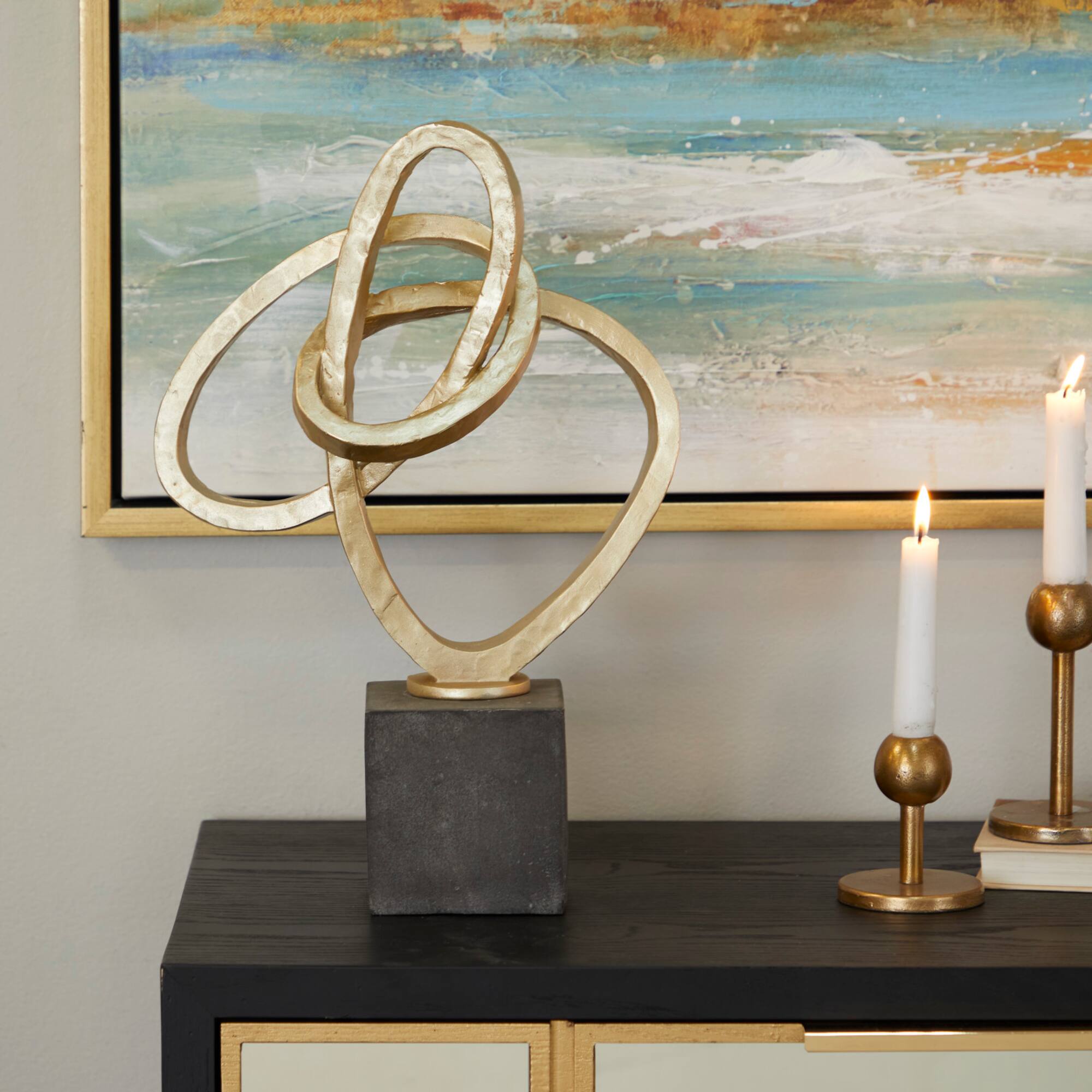 17" Gold Link Abstract Sculpture with Black Base